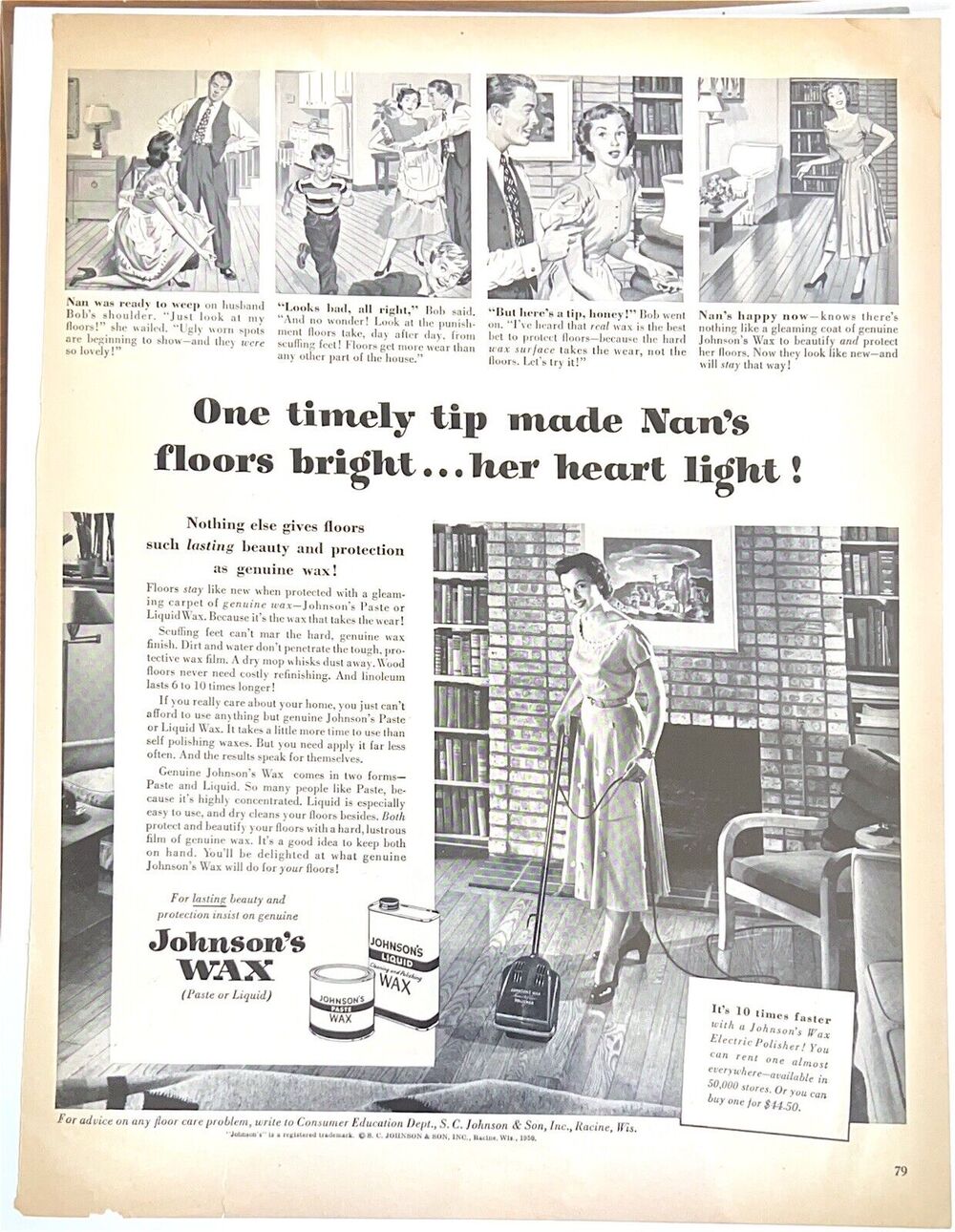 Vtg Johnson's Wax Print Ad 1956 Housewife Housekeeping Black White 1950s Decor